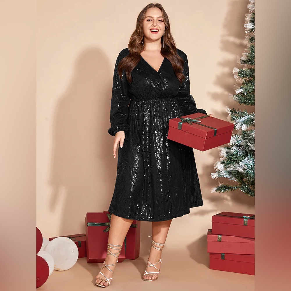 Black Sequin Midi Dress with Long Sleeves and Pockets